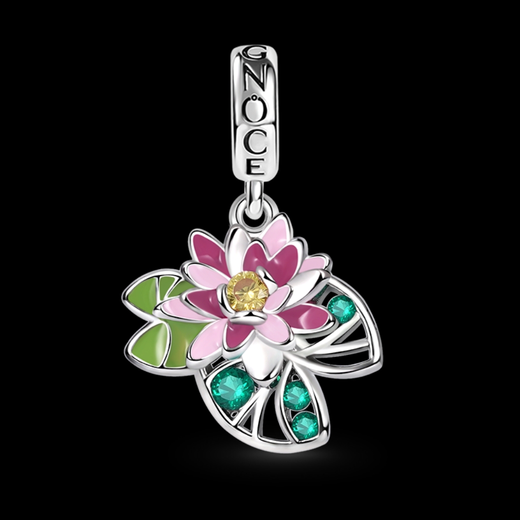 Gnoce Sterling Silver Water Lily With Rhinestones Dangle Bracelet Charm